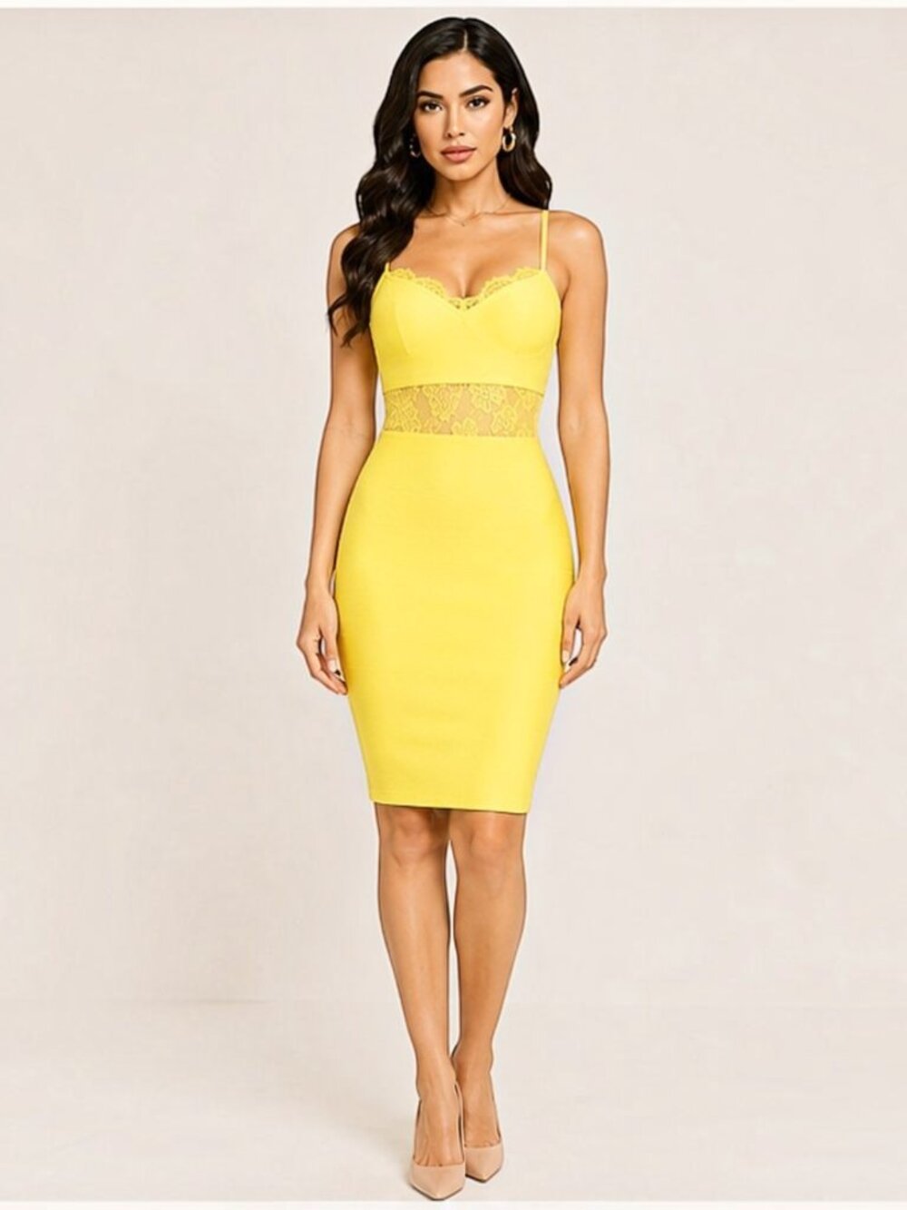 Yellow Lace Spliced Panel Eyelash Lace Cami Bandage Bodycon Dress S